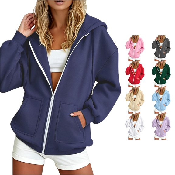 CAIVO Long Sleeve Hoodies For Women Winter Warmth Loose Casual Solid Color Athletic Sweatshirts