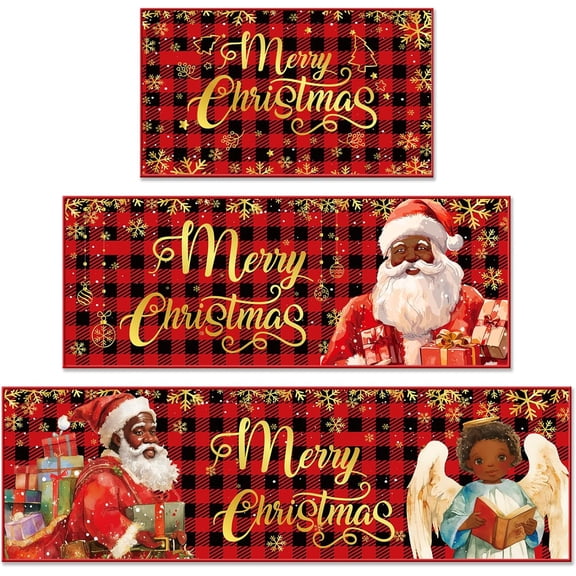 Christmas Kitchen Rugs Set of 3 Buffalo Plaid Black Santa Claus Kitchen Rugs Winter Floor Mat for Xmas Home Christmas Kitchen Mats for Floor Bathroom Indoor (Black)