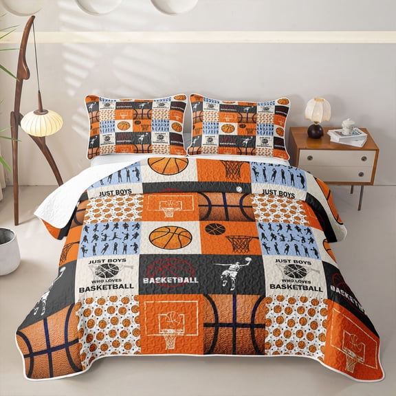 Erosebridal Basketball Game Boys Twin Quilt Set, Orange Plaid Twin Coverlet Set, 2 Pieces