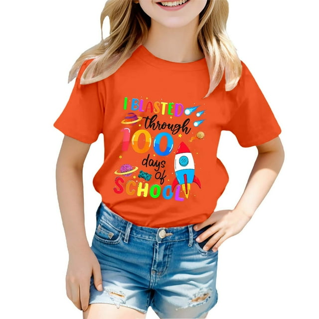 GDREDA Vêtements pour Filles Mode Décontractée Imprimé Col Rond Manches Courtes T-Shirt Haut Mode Tendance Orange, 3-4 Ans