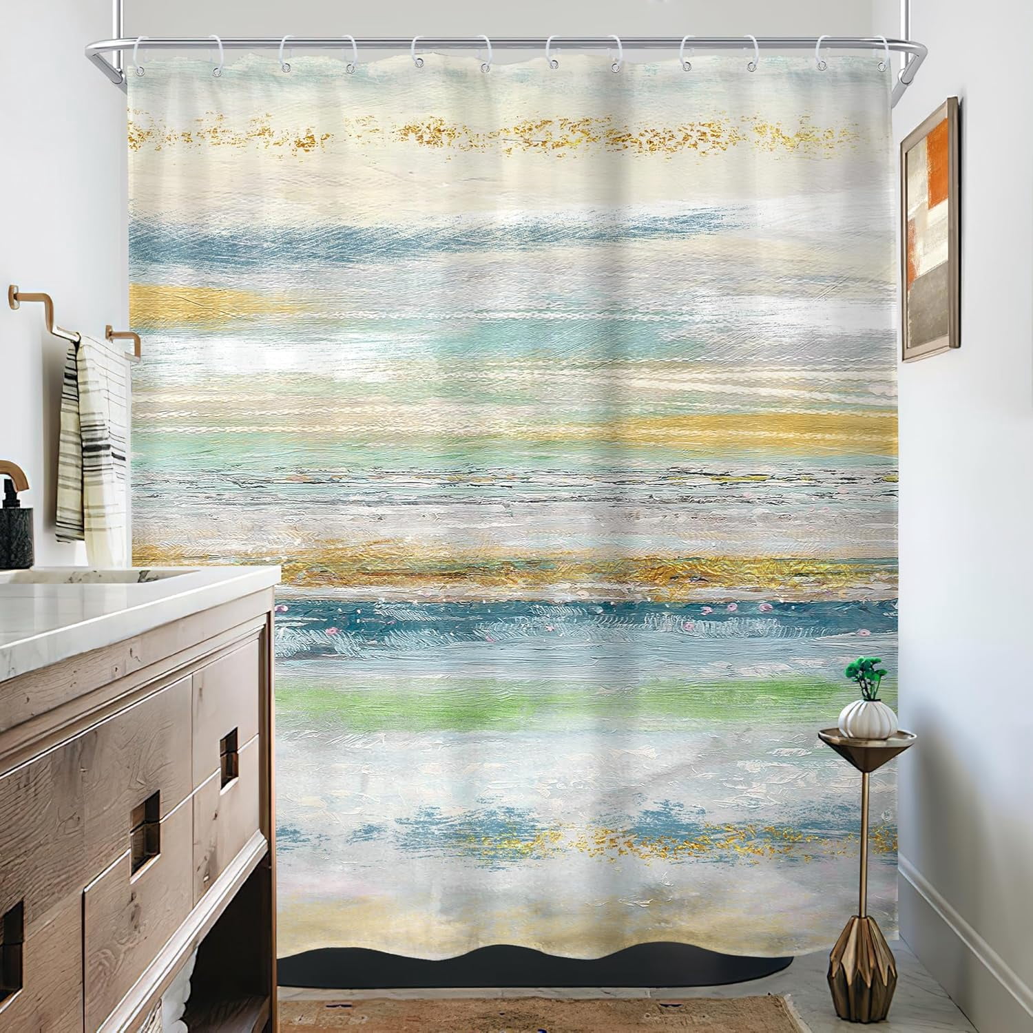 Abstract Seascape Shower Curtain for Bathroom Decor 72Wx72H Inches Oil Painting Sun Ocean Beach Waves Coastal Seaside Aesthetic Minimalist Modern Gold Fabric Waterproof Polyester 12 Pack Hooks
