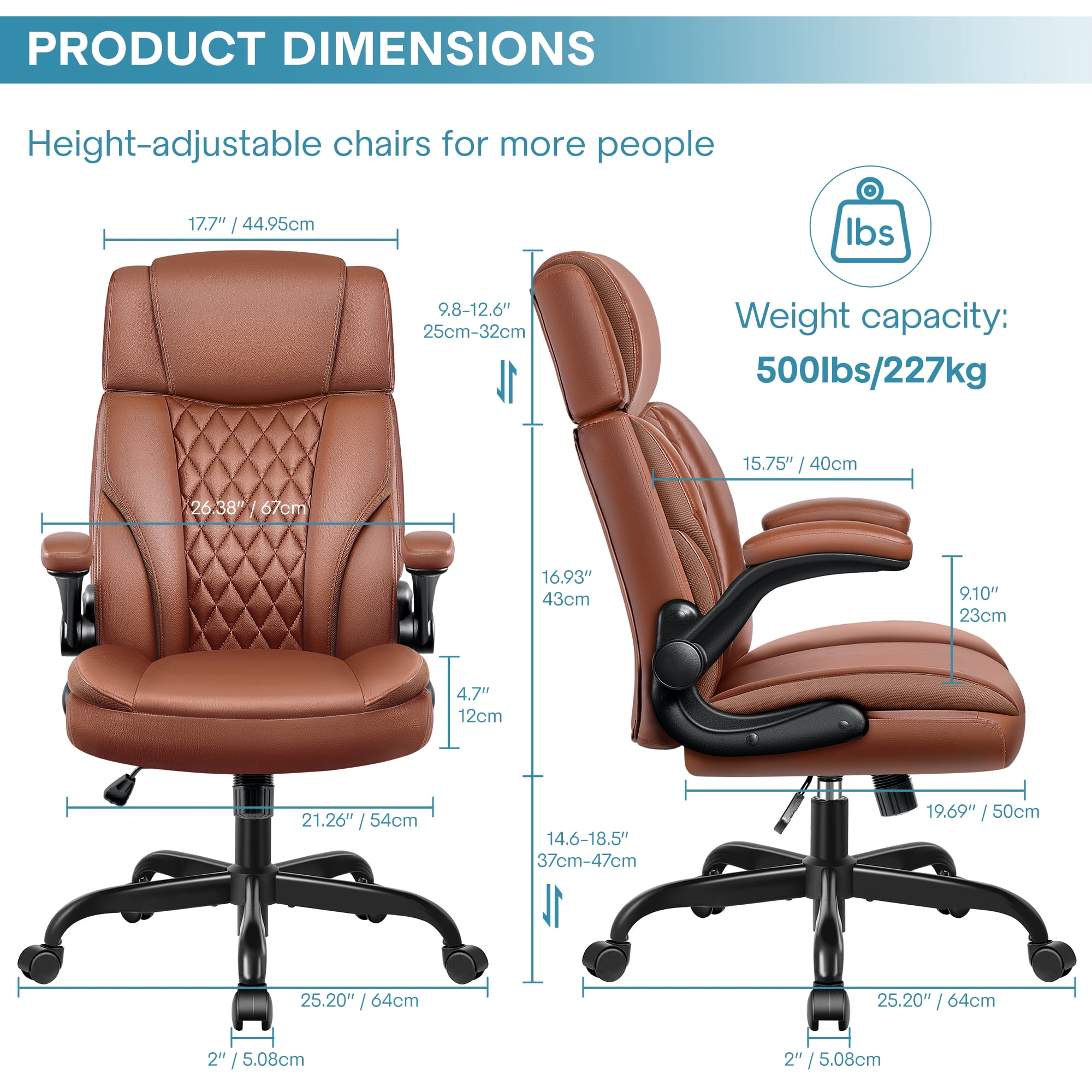 FelixKing Big and Tall  Office Chair, Leather Recliner, Adjustable Armrests on Desk Chairs , 500 LBS Weight Capacity, Adjustable Backrest/Headrest,BROWN