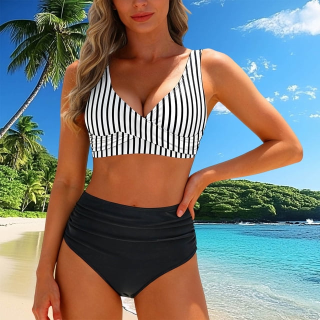 Traje de baño de 2 piezas para mujer, trajes de baño para mujer, traje de baño bikini de poliéster para mujer, ajustado, sin espalda, con fruncido y estampado a rayas, color liso.