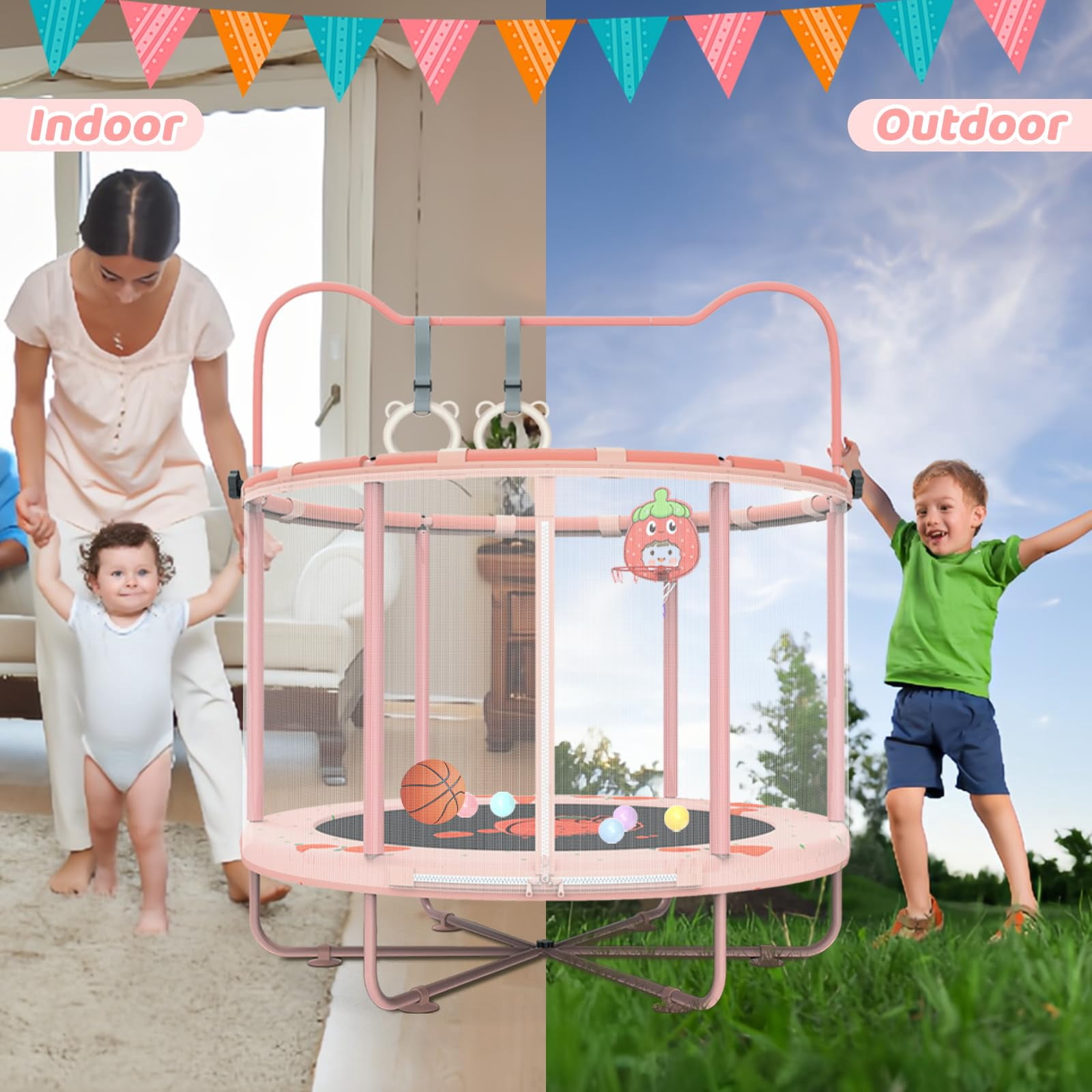 Gardenature 5ft/60'' Toddler Trampoline for Ages 1-6, Indoor & Outdoor Mini Trampoline With Adjustable Gym Bar, Enclosure for Baby, Gift for Boys & Girls