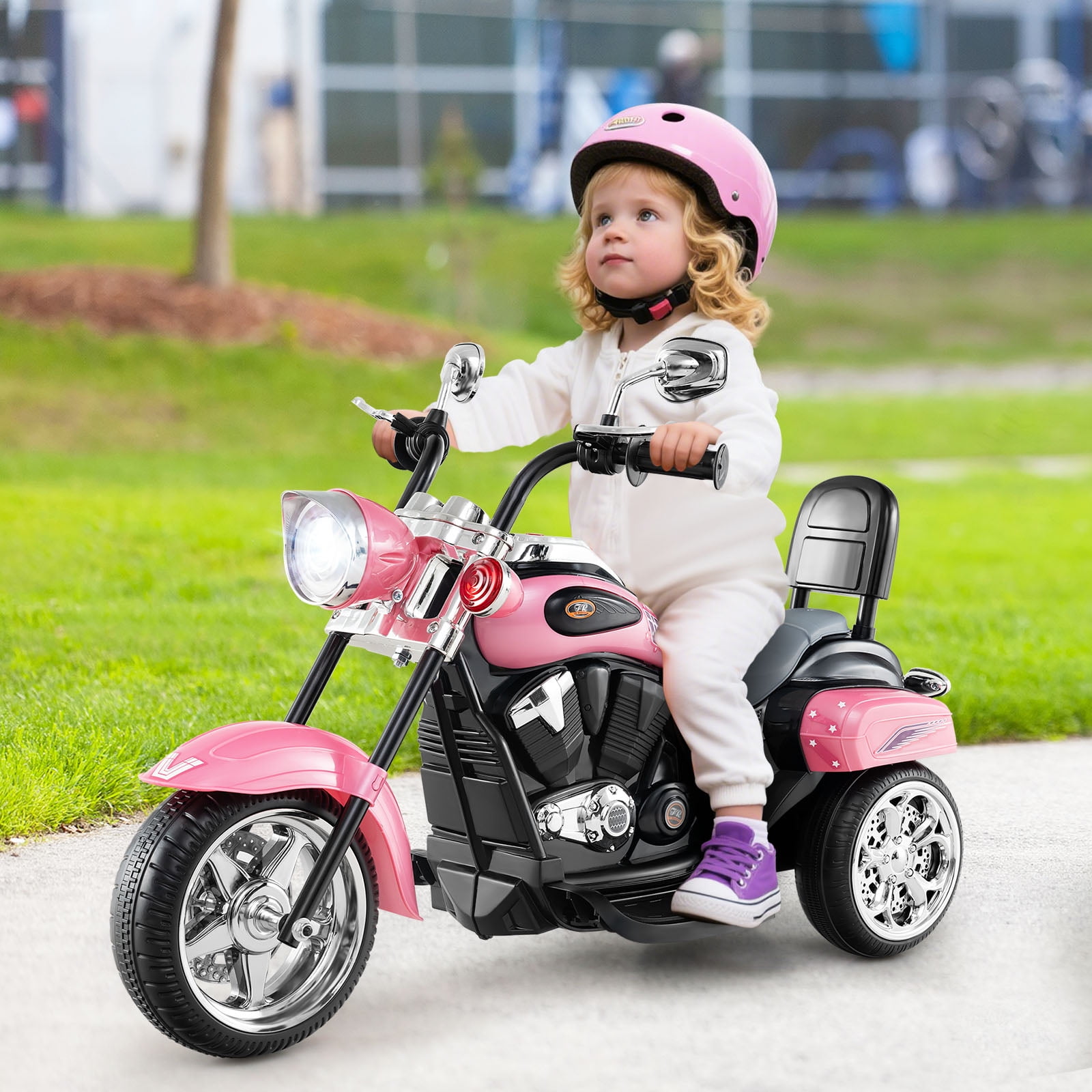Gymax 6V Electric Kids Motorcycle 3-Wheel Ride On Toy w/ Adjustable Headlight Pink