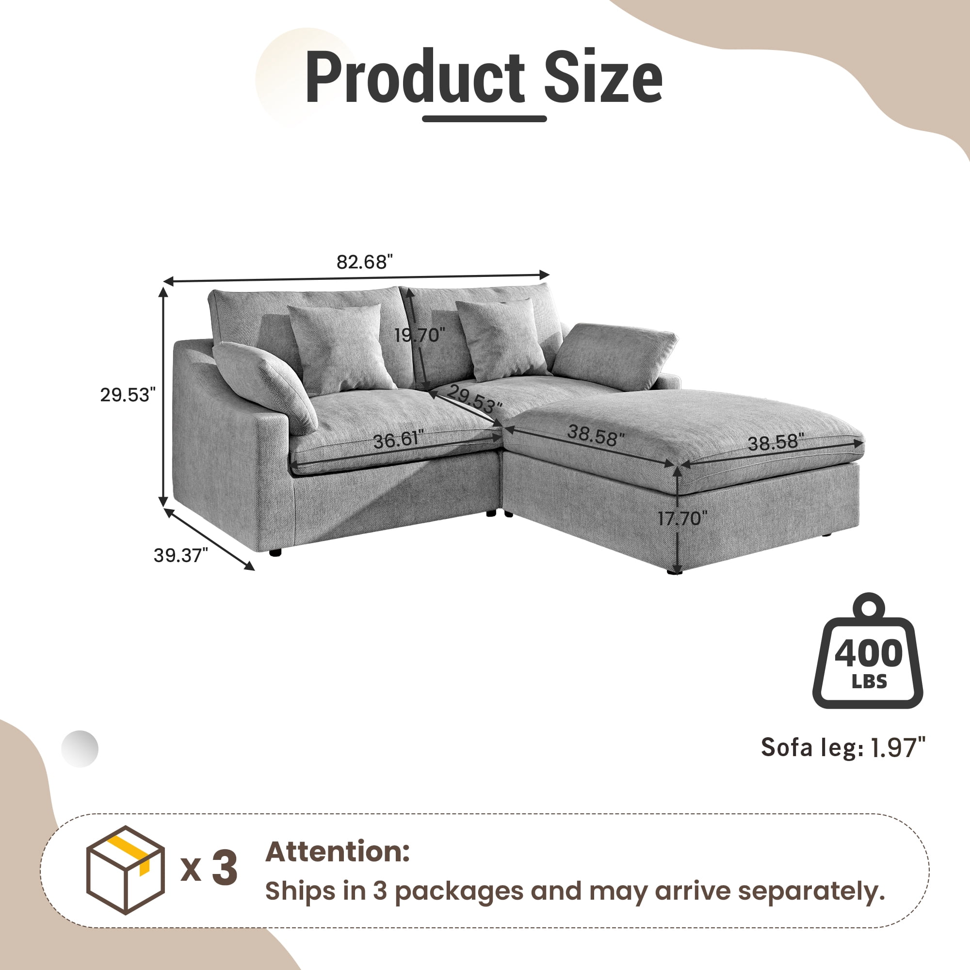 83" Cloud Couch Sectional for Living Room, L Shaped Sofas with Ottoman, Convertible Couch, Gray