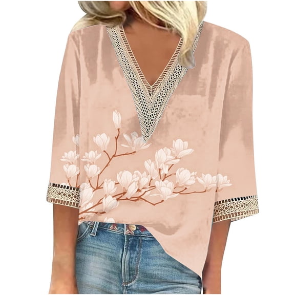 LEAVINGSUO Long Sleeve Shirts for Women, Fall Womens Tops Fashion Women's Summer V-Neck 3/4 Sleeve Print Casual T-Shirt Blouse