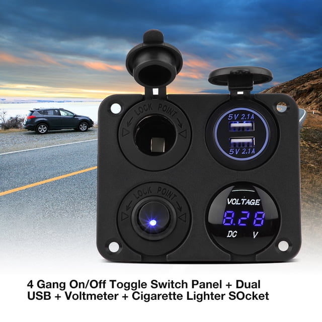 Panel de interruptor de encendido/apagado de 4 entradas, cargador USB Dual, encendedor de cigarrillos, voltímetro, LED azul
