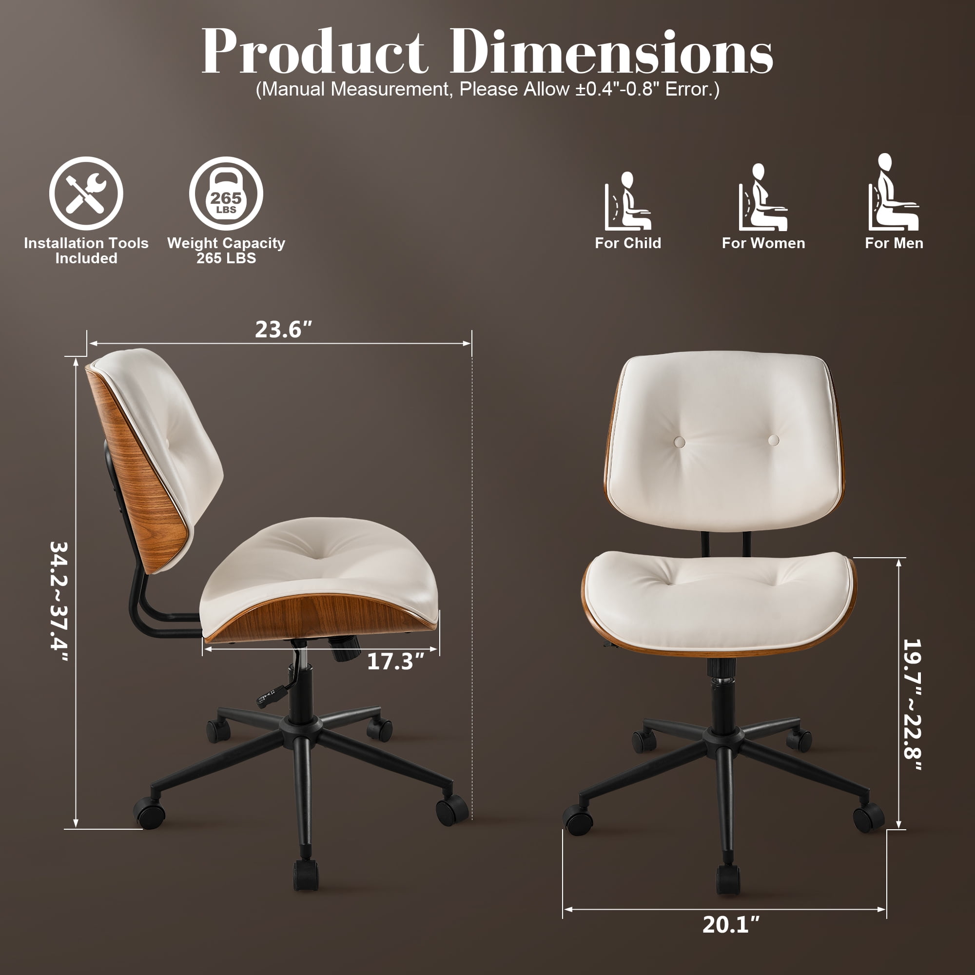 Toject Office Chair, Task Chair with Wooden Back, Mid-Century Modern Computer Chair, Armless Desk Chair for Home Office, Black