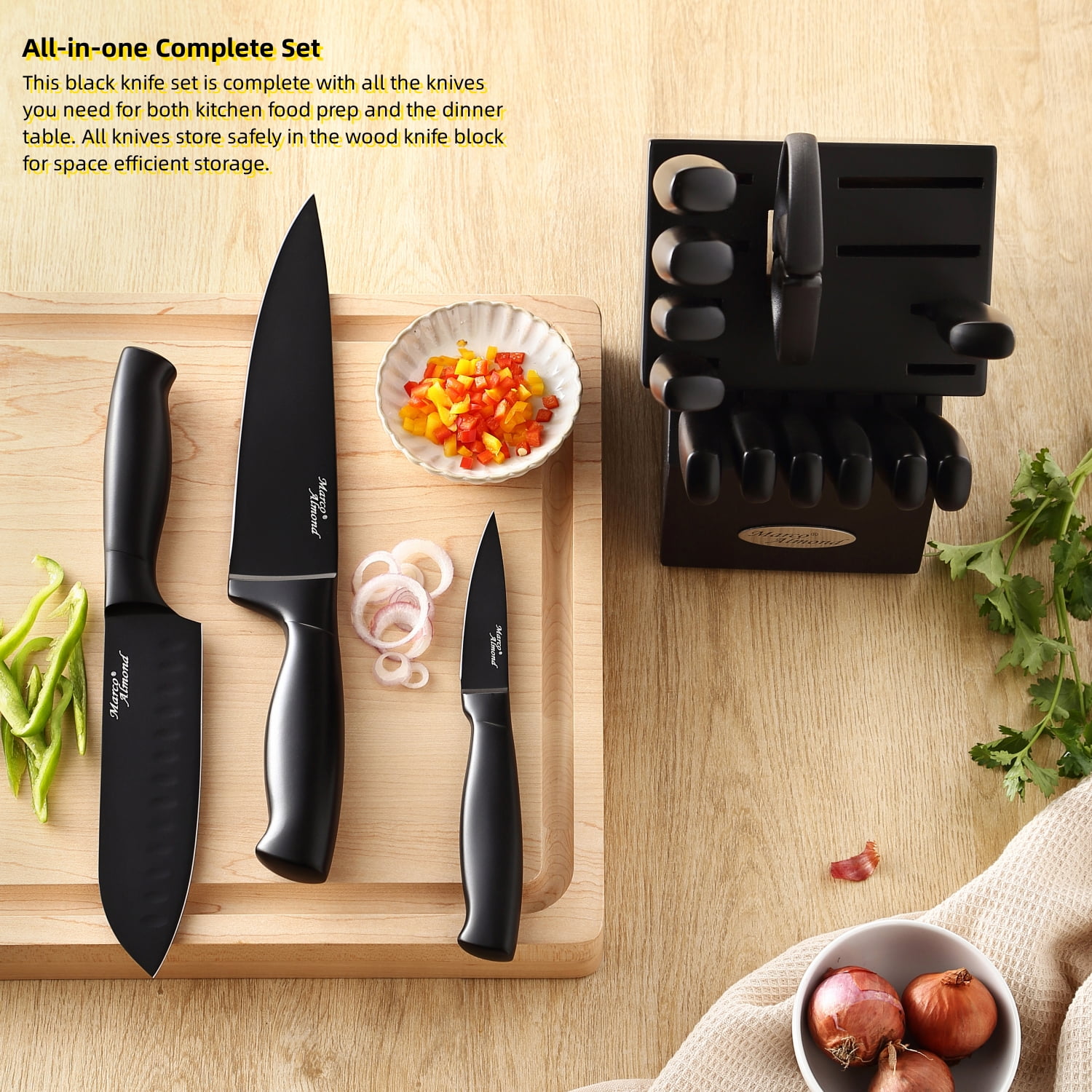 MIDONE Knife Set, 17 Pcs Stainless Steel Kitchen Knife Set, with Sharpener  & Acrylic Stand, Black