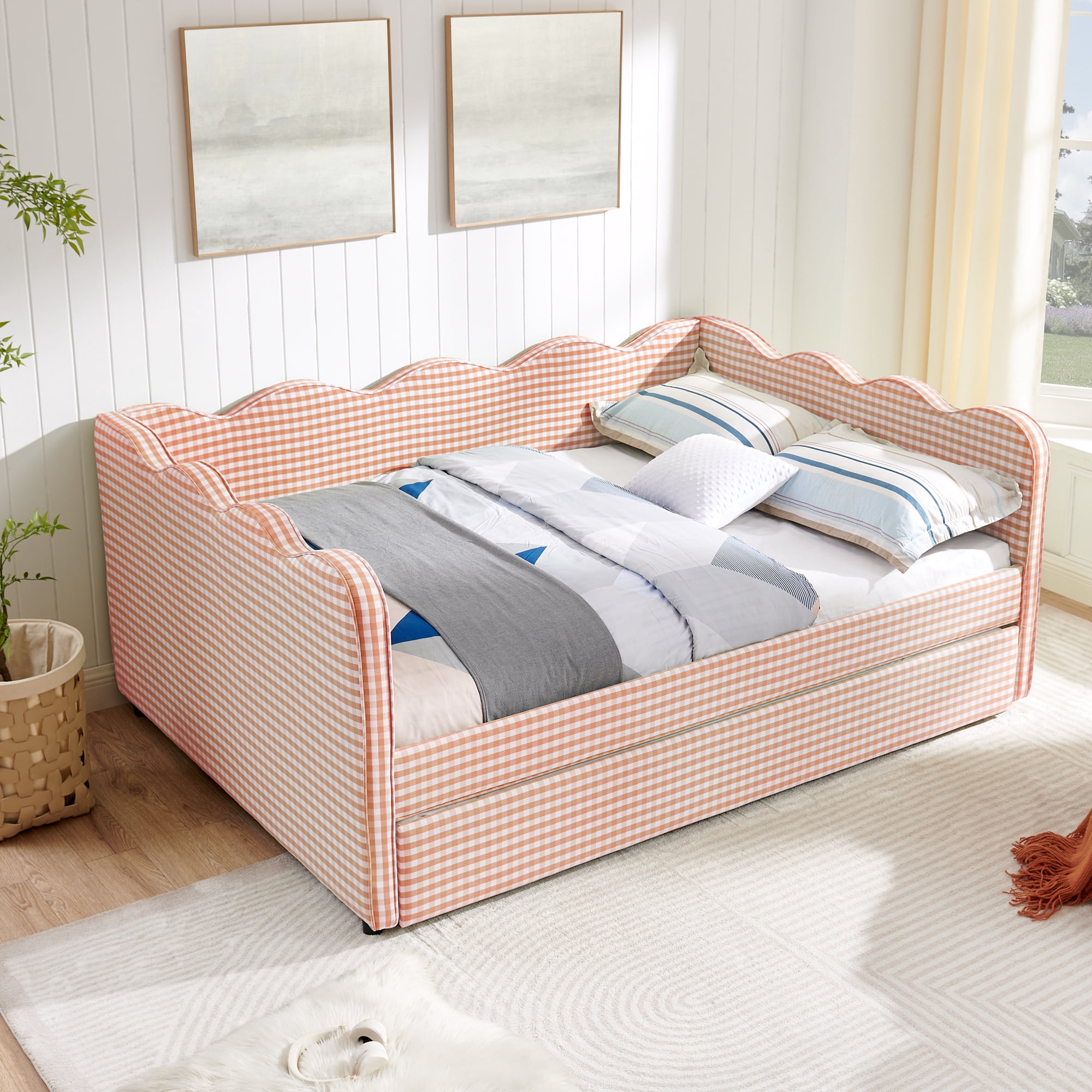 Full Size Daybed with Trundle and USB Port Upholstered Sofa Bed Gingham Linen Kids Guest Bed Frame, No Box Spring Needed, Pink