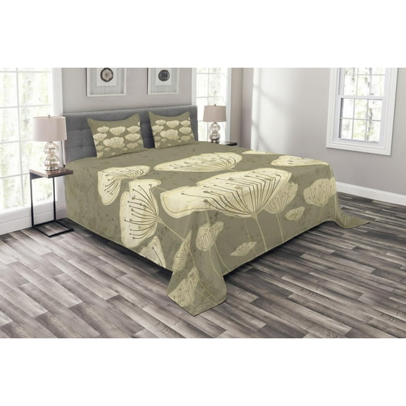 Ambesonne Floral Quilted Bedspread Set 3 Pcs, Blooms Essence Nature, Queen Size, Taupe