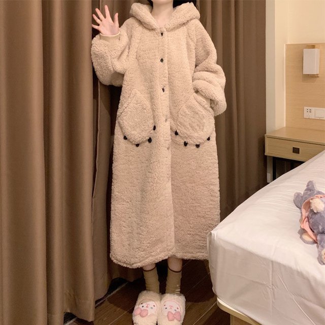 Bata con capucha para mujer, ropa de dormir con cinturón, ropa de noche de invierno, pijama, camisón de manga larga, ropa de casa de lana cálida, ropa japonesa