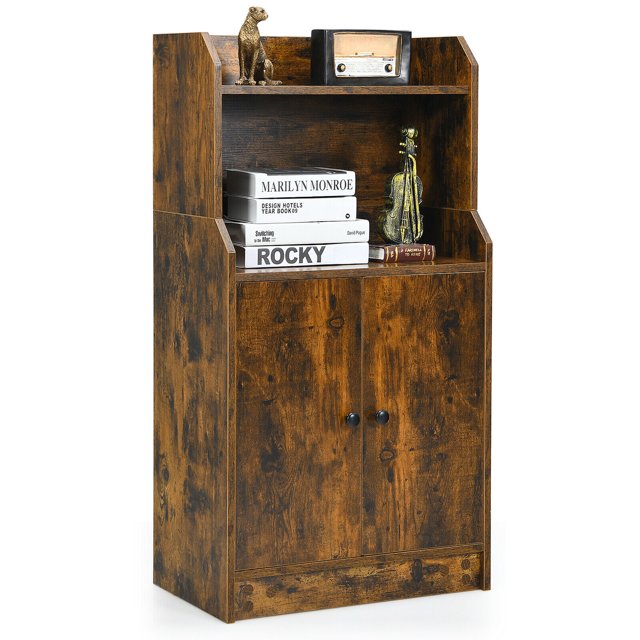 Gymax Armoire de Rangement Bibliothèque avec 2 Portes et Étagères Ouvertes Étagère d'Exposition Brun Rustique