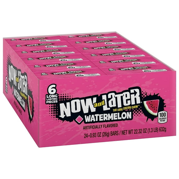 Now and Later Watermelon Chewy Candy Bars, 24 Count Box, 0.93 oz Each