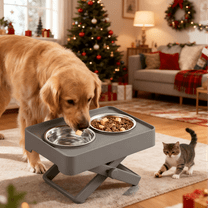 Adjustable Elevated Dog Feeding Station (7-25cm Height), Food-Grade Stainless Steel Bowls, Tip/Spill-Proof, Black/Gray, 1 Set