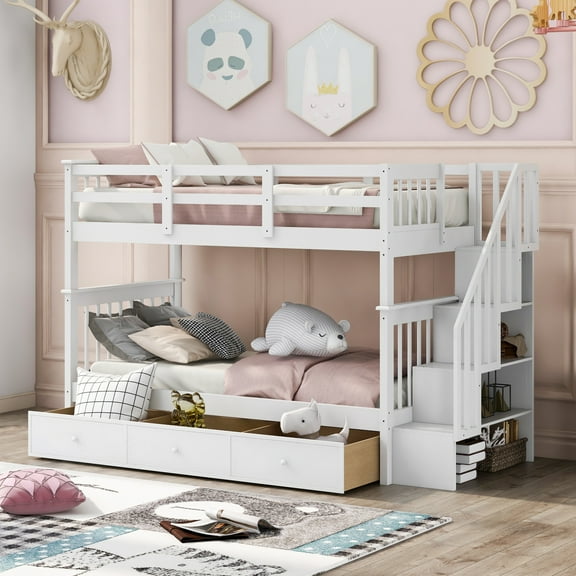 [US IN STOCK] Stairway Twin-Over-Twin Bunk Bed with Three Drawers for Bedroom, Dorm - White