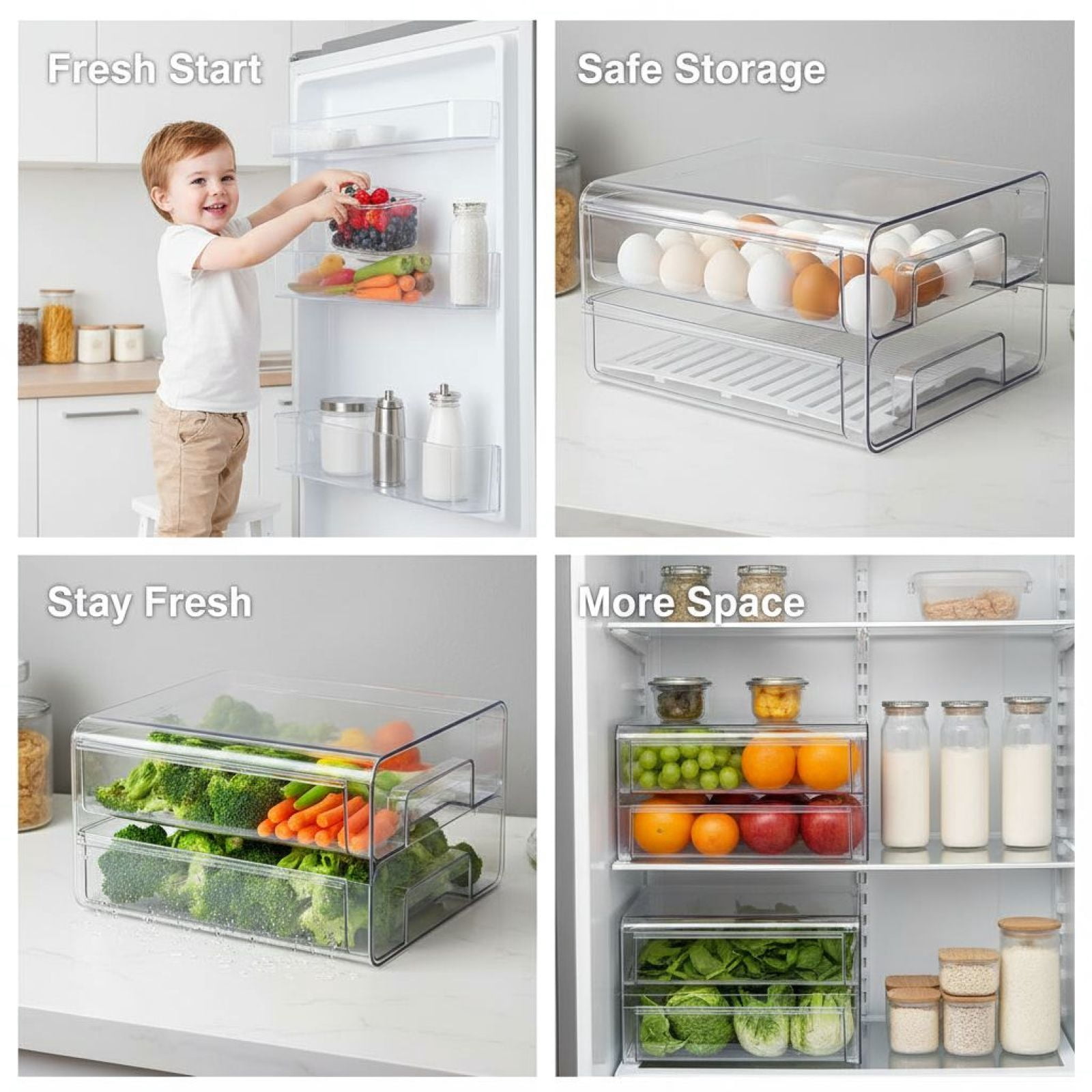 Double Layer Refrigerator Organizer,Stackable Clear Bin with Drain Tray & Dividers,9.7x8.4x5.6 Inch, for Fruits, Vegetables,Eggs,Refrigerator Storage