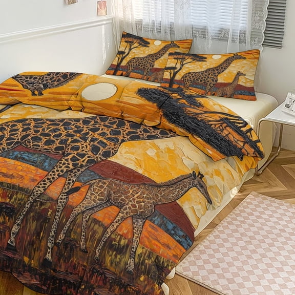Giraffes Trees Sunset Landscape In Africa Savannah Duvet Cover King&Queen Size Soft 3 Pieces Set 1 Duvet Cover and 2 Pillow Shams with Zipper Closure 86"x70"
