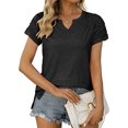 thumbnail image 2 of pitrice Summer Pleated Short Sleeve Solid Color Splicing V Neck T-Shirt Casual Basic Tops Female Shirts Daily Tees for Black L, 2 of 8