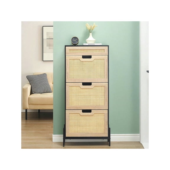 Black-S Natural 3 Flip Door Rattan Storage Cabinet, Modern Entry Way Cabinet With Storage, Drawer And 3-Tier Adjustable Shelves, Freestanding Entrance Shoe Cabinet For Entryway