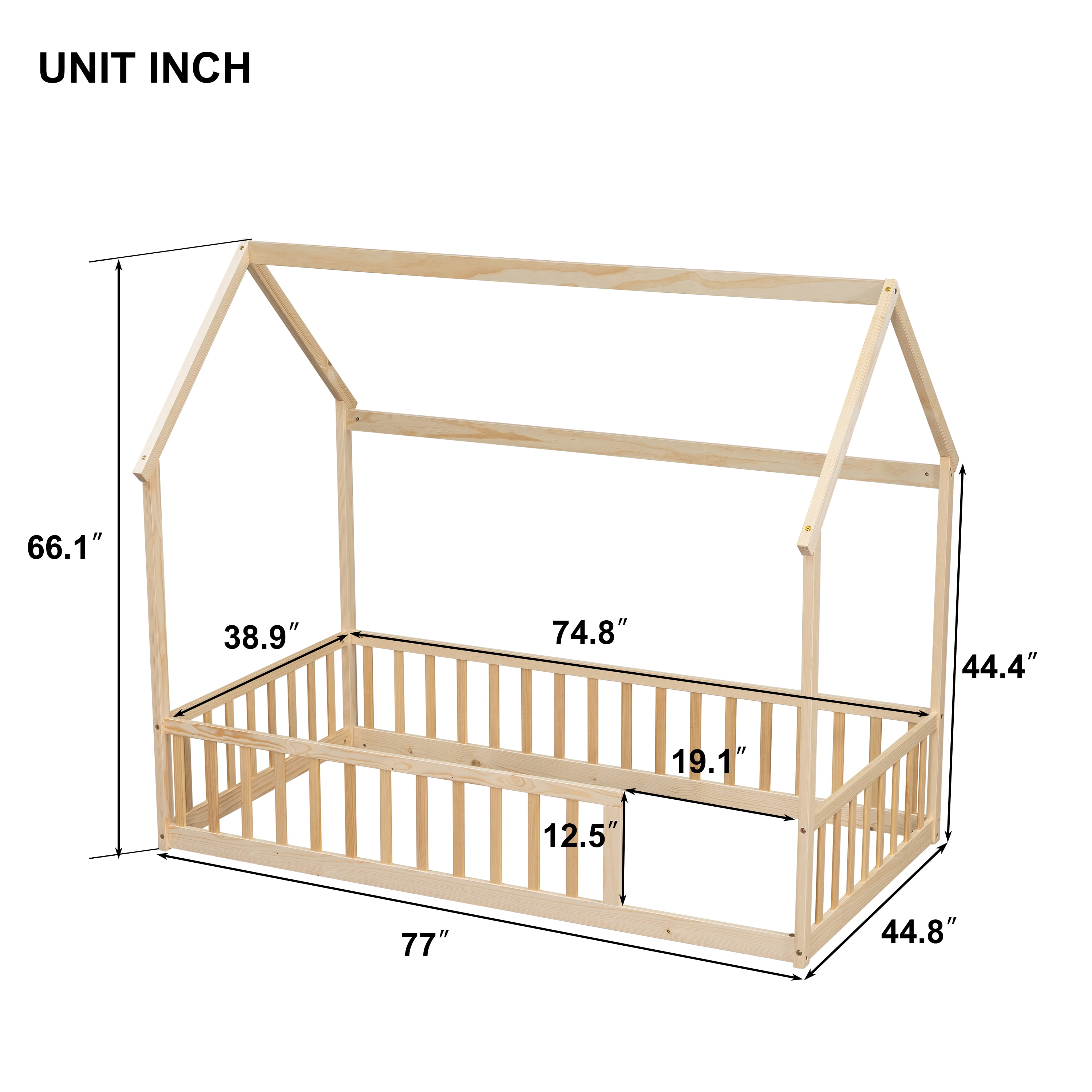 Mintazer Twin Size House Toddler Floor Bed with Guardrails, Kids Montessori Low Bed with Roof Frame for Bedroom Playroom, Natural