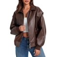 thumbnail image 3 of Womens Oversized Leather Bomber Jackets Cap Sleeve Zip Up Motorcycle Coats with Pockets, 3 of 6