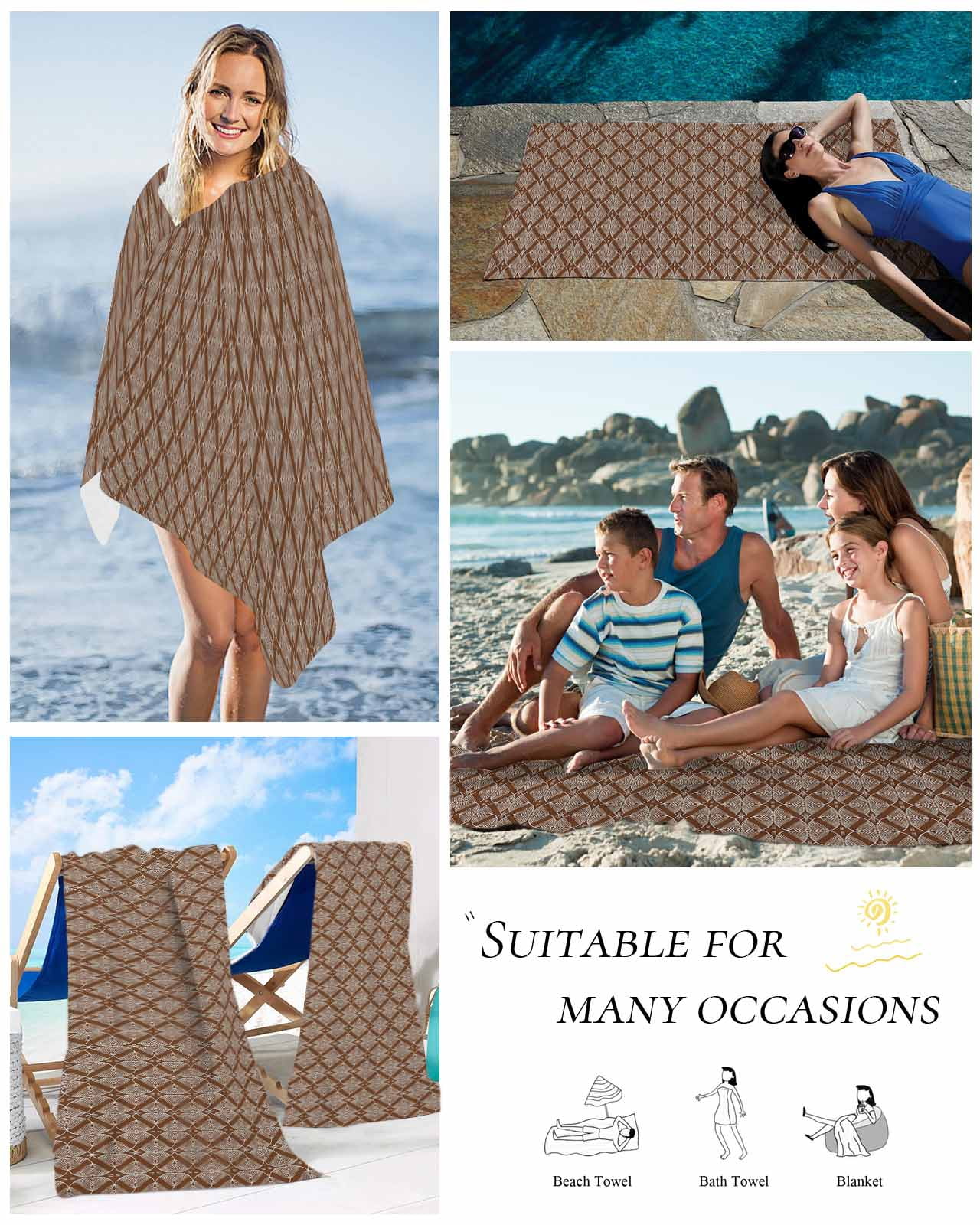 Brown Abstract Beach Towels Oversized Super Absorbent, Modern Geometric Contemporary Art Lightweight Bath Towel Quick Dry Sets For Bathroom/Pool/Rv Camping/Beach Play/Gym Room/Picnic 30"x60"
