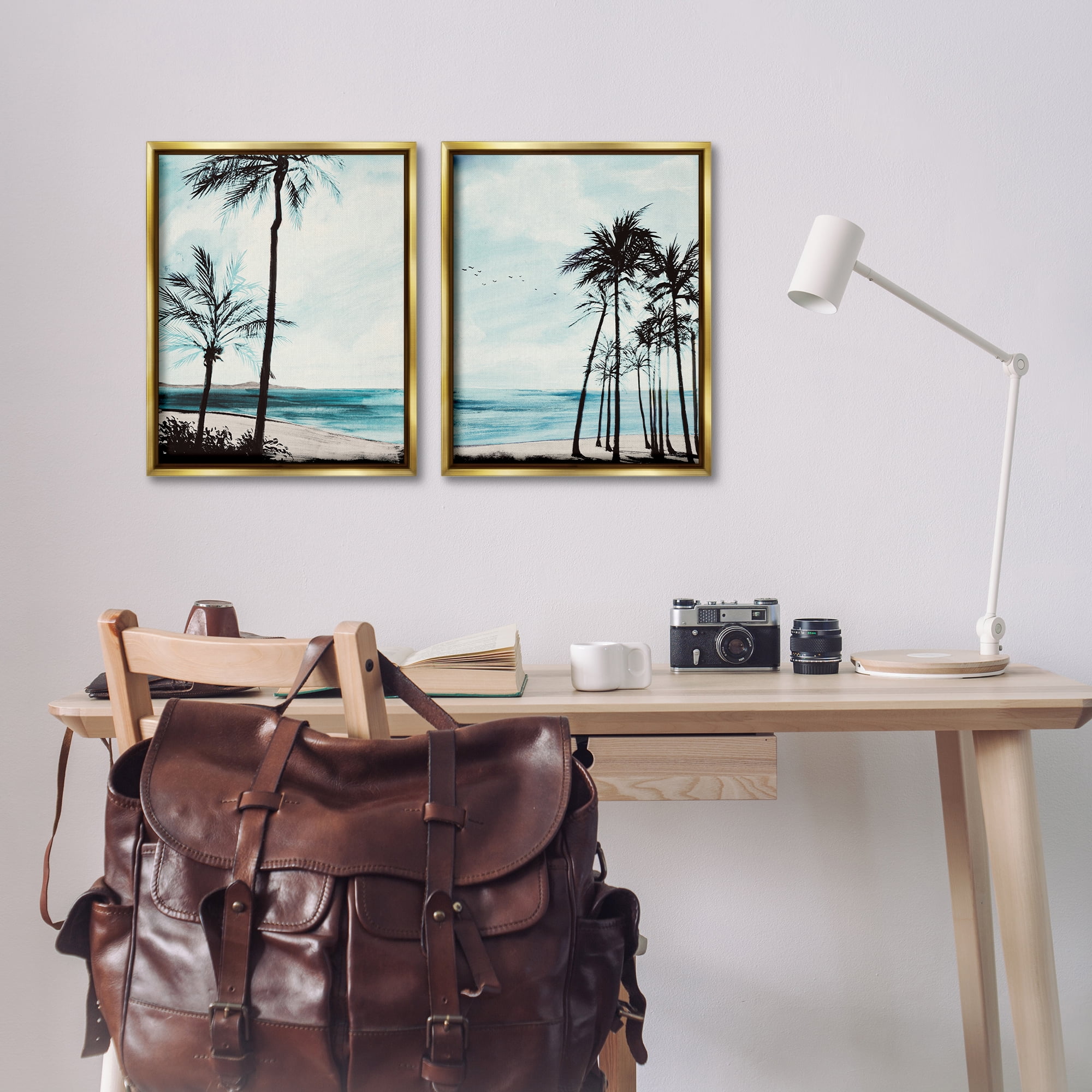 Stupell Industries Tropical Palm Seaview Landscape & Nature Painting Gold Floater Framed Canvas Art Print Wall Art, 17 x 21, Set of 2