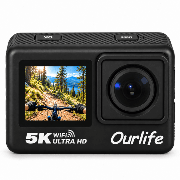 Action Camera 5K 30FPS Waterproof Camera Underwater 131FT with Eis, 2" Touch Dual Screen, Wireless Microphone, Vlog Camera for Diving Cycling Outdoor