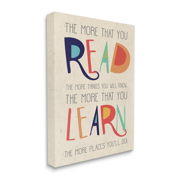 Red Orange Blue and Green Read Learn Cartoon Typography Oversized Stretched Canvas Wall Art, 24 x 1.5 x 30