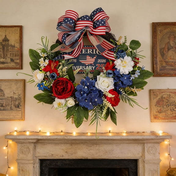 Clearance! Independence Day Faux Floral Wreath Star Spangled Door Decor 4th Of July Front Door Fireplace Patio Wall Window Mantel Party Decor For Home Porch Memorial Day Veterans Day Entryway Garden