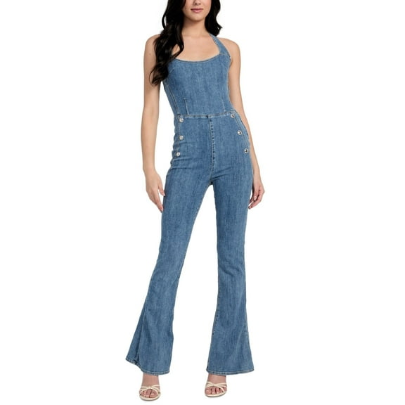 Guess PALM SHADE Women's Blair Denim Halter Flared-Leg Jumpsuit, US X-Large
