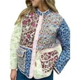 thumbnail image 3 of Women's Cropped Quilted Jacket Cardigan Floral Printed Long Sleeve Open Front Short Coats Cyan S, 3 of 10