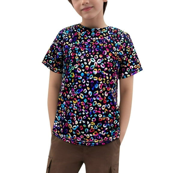 Kiijoy Girls Leopard Sequin Glitter T-Shirt Short Sleeve Crew Neck T Shirt Unisex Tee Top