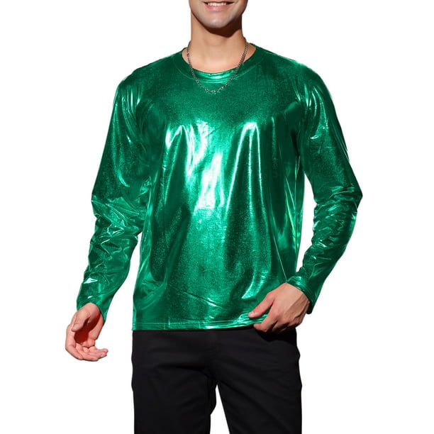 Camisetas de hombre INSPIRE CHIC de cuello redondo de manga larga brillante M Verde