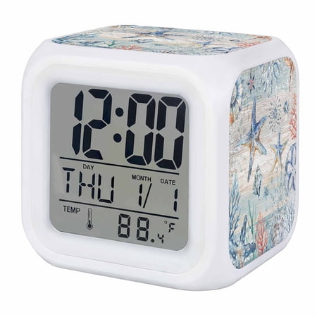 Coastal Starfish Digital Alarm Clock for Bedrooms, Smart LED Alarm Clock with 7 Color Changing Night Light, Blue Nautical Coral Seashell Wooden Silent Wake Up Clocks for Sleep Study Cooking 3.2x3.2