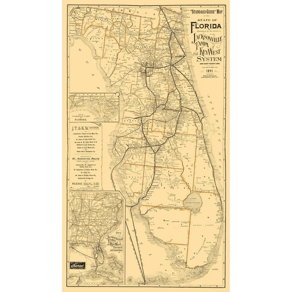 Railroad Map - Florida Railroads - Northrup 1891 - Vintage Wall Art