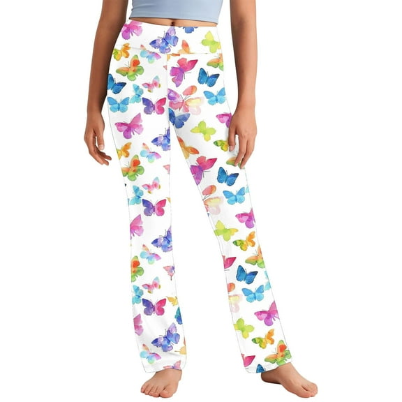 Riecok Leggings for Girls High Waisted Elasticity Cute Butterfly Printed Fashion Straight Yoga Pants Multicolor 8 Years