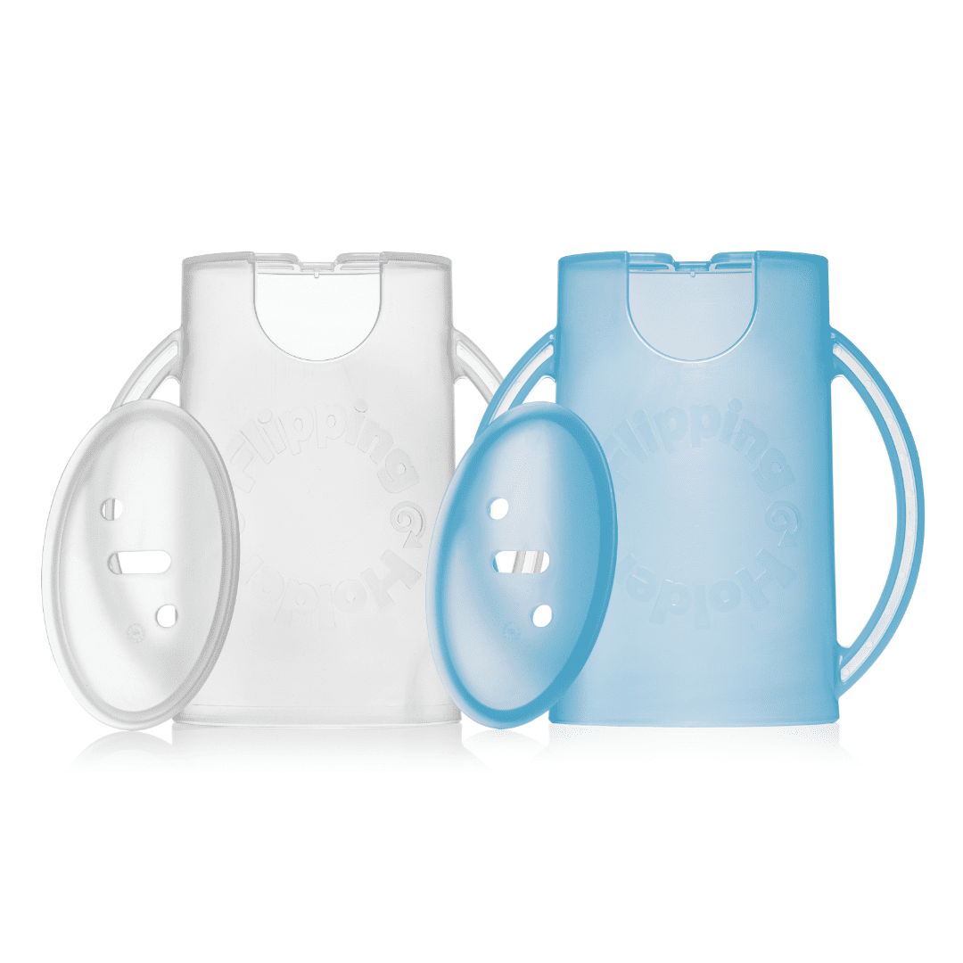 Squeeze Proof Flipping Holder DELUXE with Lid 2-Pack for Food Pouches & Juice Boxes (Blue & White) - Prevent Messes & Support Self-Feeding
