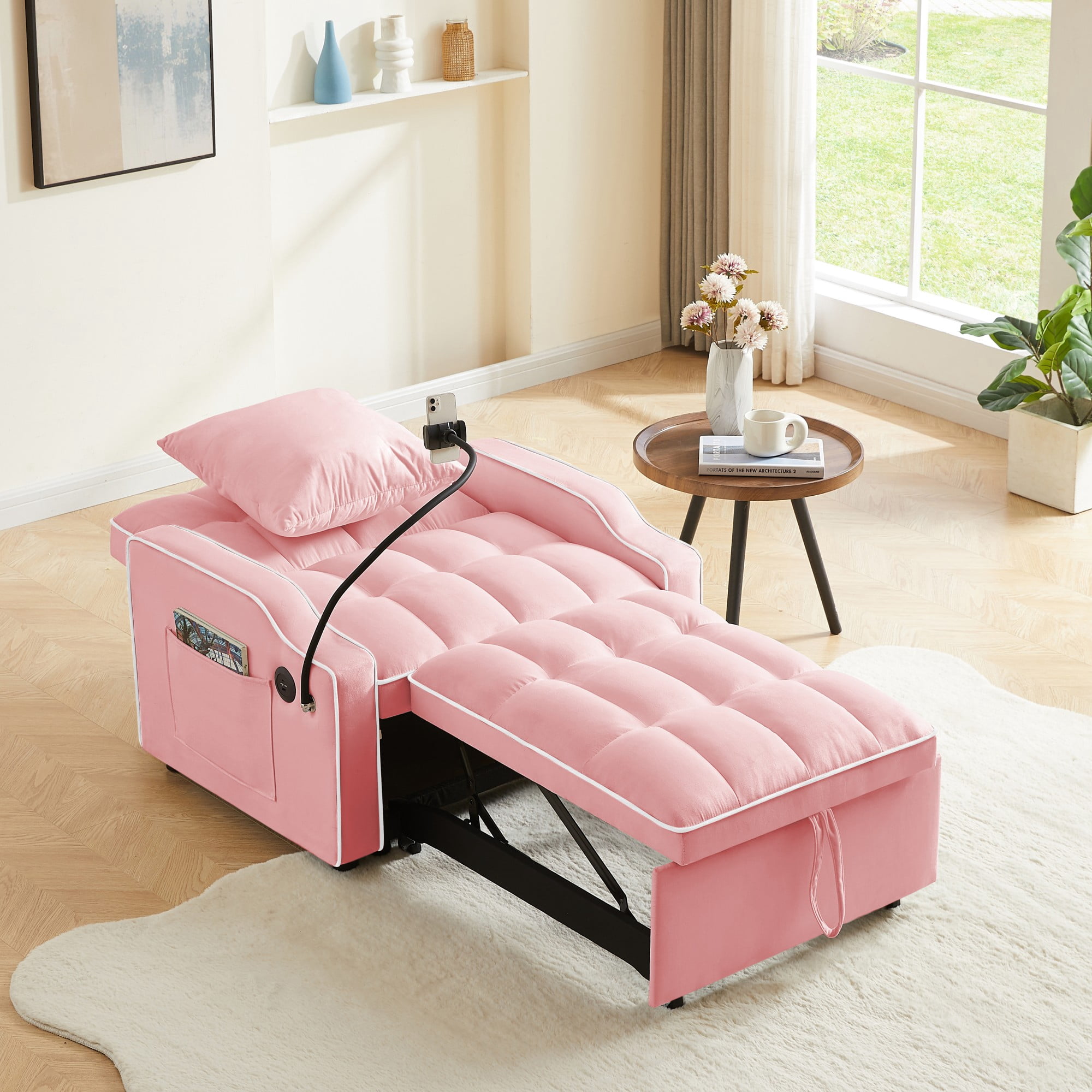 MOONMISS 3 in 1 Sleeper Sofa Chair Bed,Velvet Adjustable Recliner with Charge Ports&Phone Holder,Pink