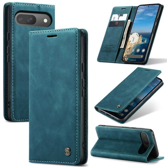 CaseMe Leather for Google Pixel 10/10 Pro Case, Flip Wallet Leather Case with Card Holder Magnetic Closure Shockproof Kickstand Protective Phone Cases Cover for Google Pixel 10/10 Pro,Blue