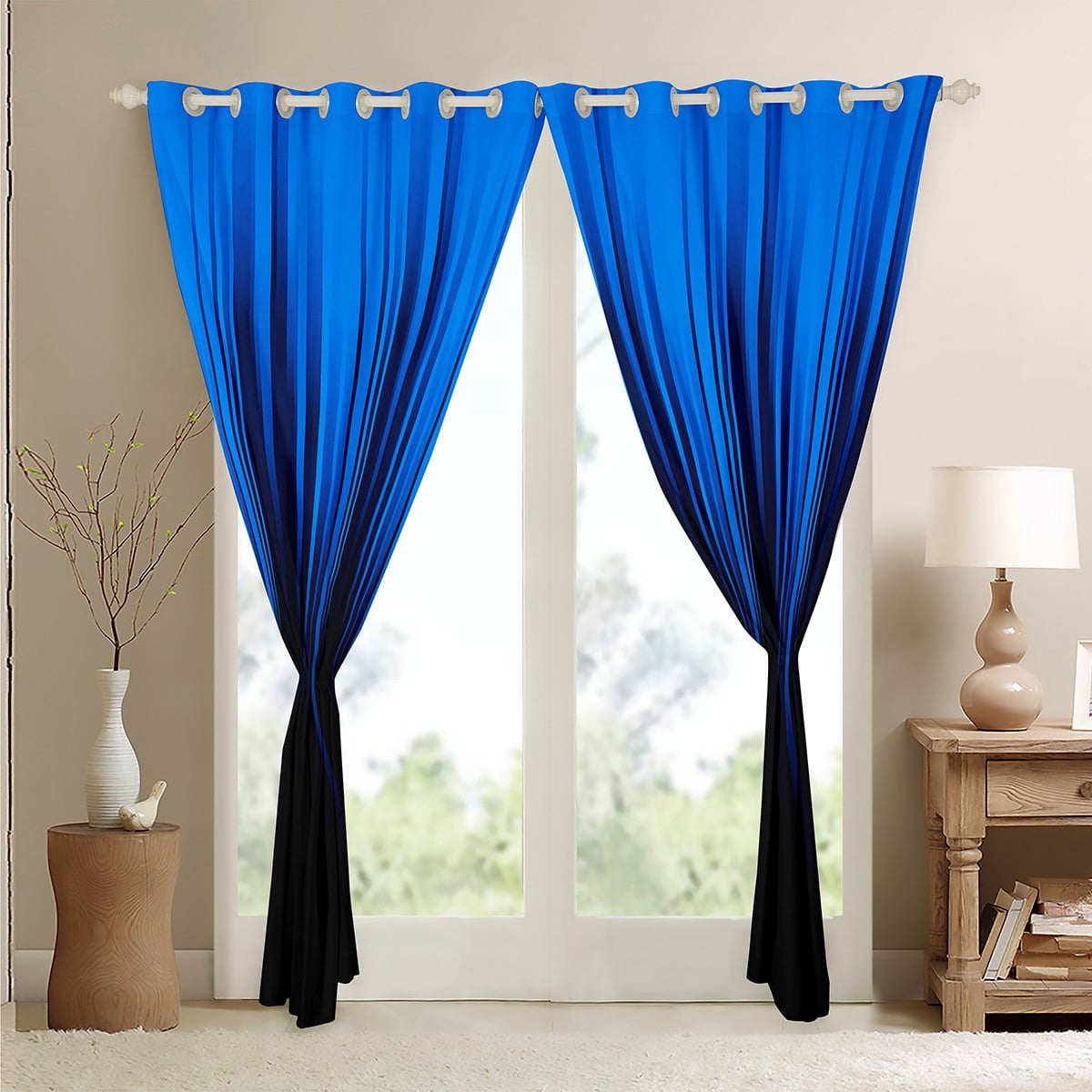 Gradient Blackout Curtains Black Blue Ombre Abstract Curtains & Drapes,Retro Geometric Stripes Window Curtains,Boho Exotic Geometry Striped Curtains 38"Wx45"L