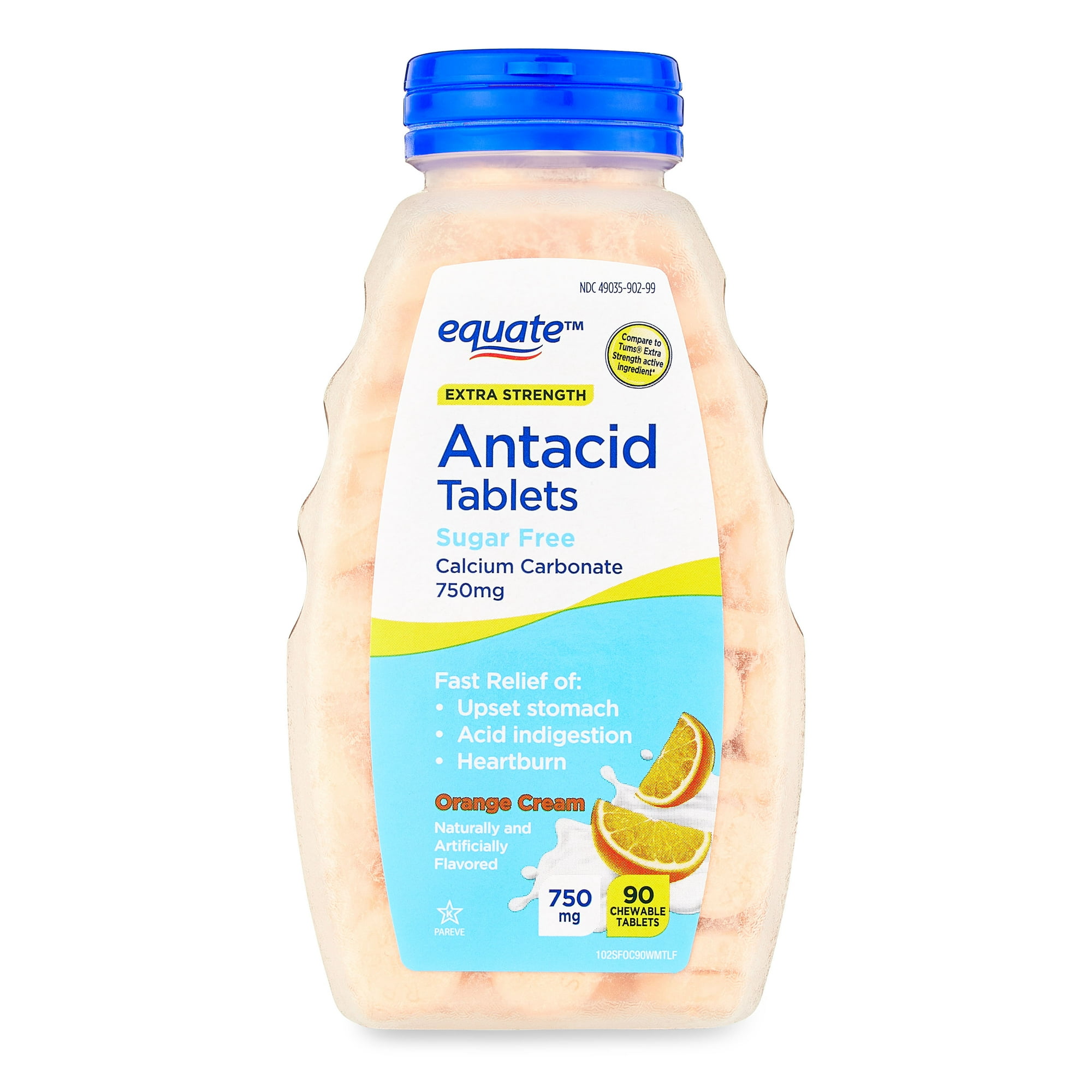 Equate Calcium Carbonate Extra Strength Sugar-Free Chewable Antacid Tablets, Orange Cream, 750 mg, 90 Count