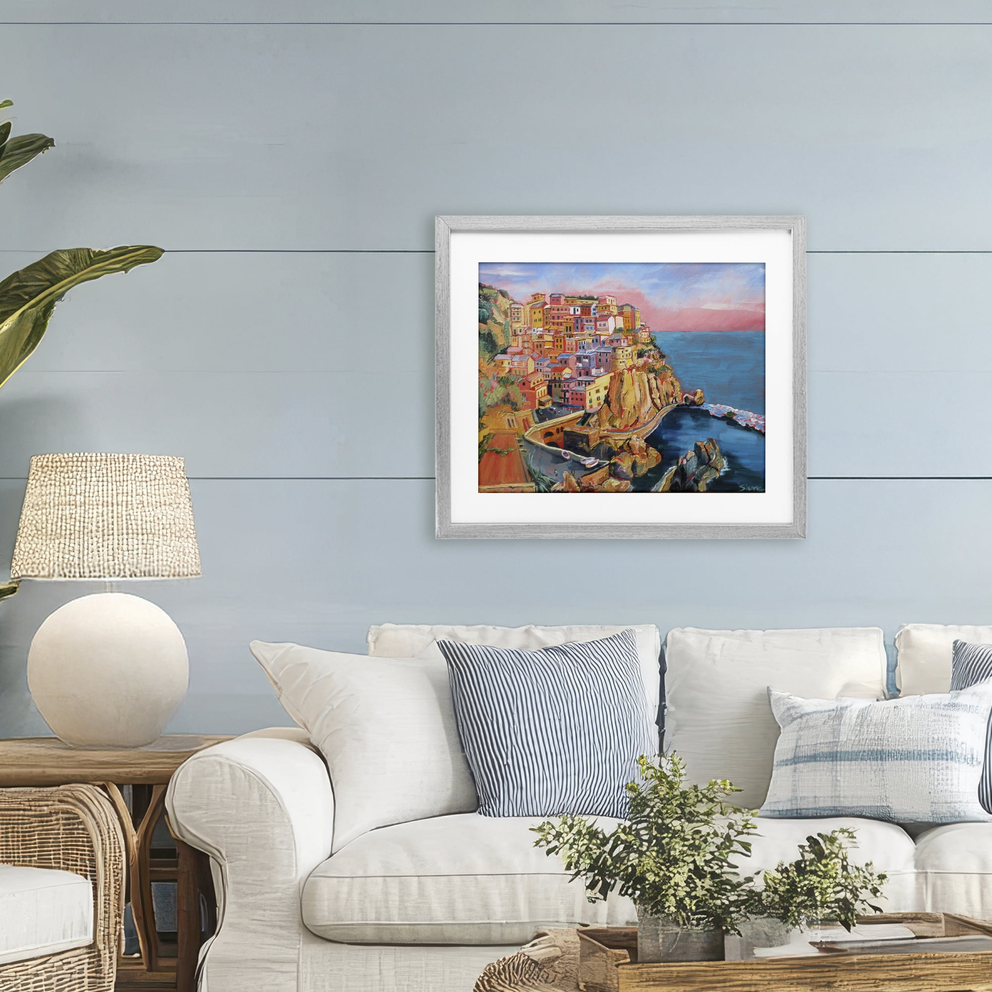 Stupell Industries Cinque Terre Seascape Architecture Gray Framed Print Under Glass, design by Maxine Shore