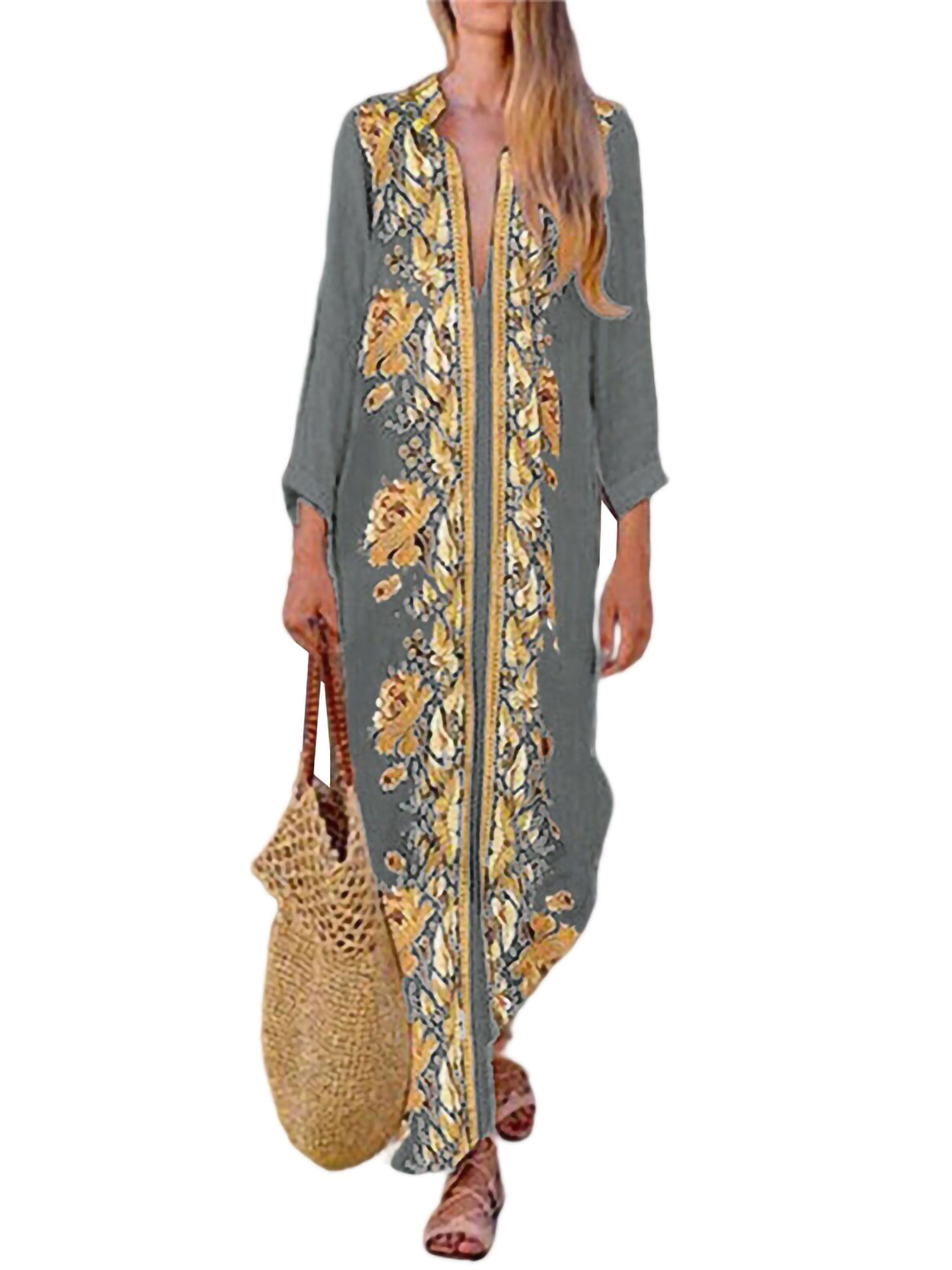 Weant Womens Summer Dress Casual Patchwork Maxi Long Dress Holiday Beach Sundress for Ladies Fashion Vintage 3/4 Sleeve Kaftan Dress Tunic Shirts Blouse Top Dress