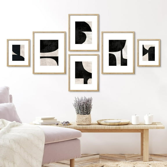 PixonSign Framed Canvas Print Wall Art Set - Mid-Century Black & Tan & White Polygon Patterns Posters - Gallery Set of 6 Variety Abstract Geometric Illustrations Wall Décor for Home - Natural