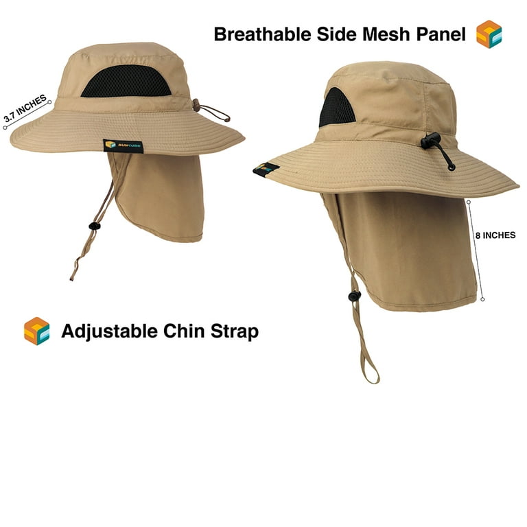 SUN CUBE Fishing Hat Sun Hat for Men, Women, Hiking Sun Hat with Neck Flap, Wide  Brim, Chin Strap, Safari Summer Bucket Boonie Hat, UPF 50+ Outdoor  Protection, Packable Breathable Mesh (Tan) 