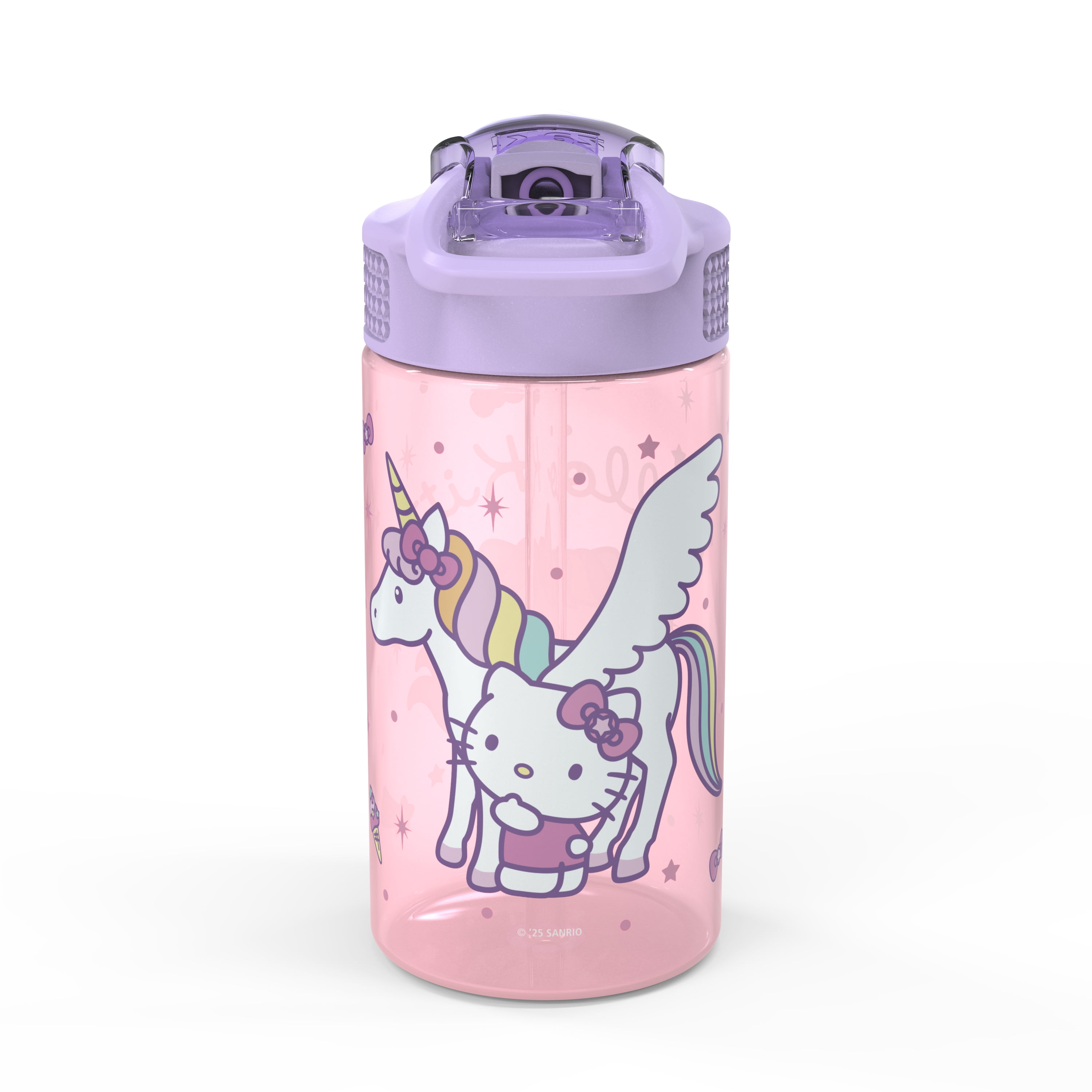 Zak Designs 16oz Hello Kitty Kids Straw Water Bottle, Durable Plastic Park Bottle with Easy-Open Locking Spout Cover for Travel, Built in Carry Handle