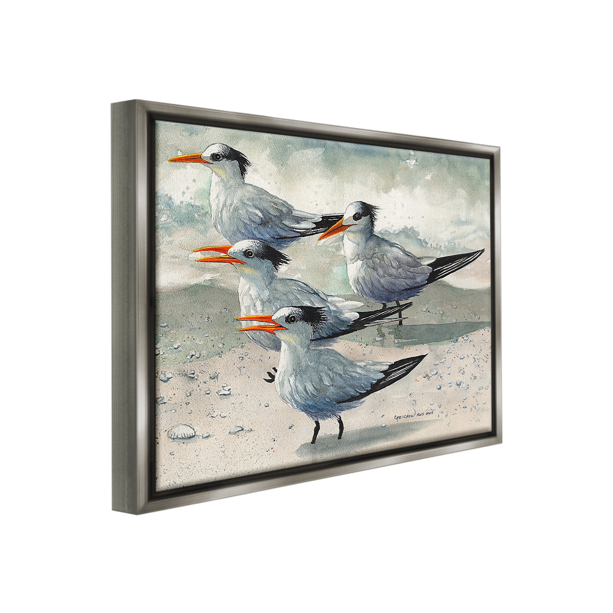 Stupell Industries Chirping Beach Birds Animals & Insects Painting Gray Floater Framed Canvas Art Print Wall Art, 31 x 25